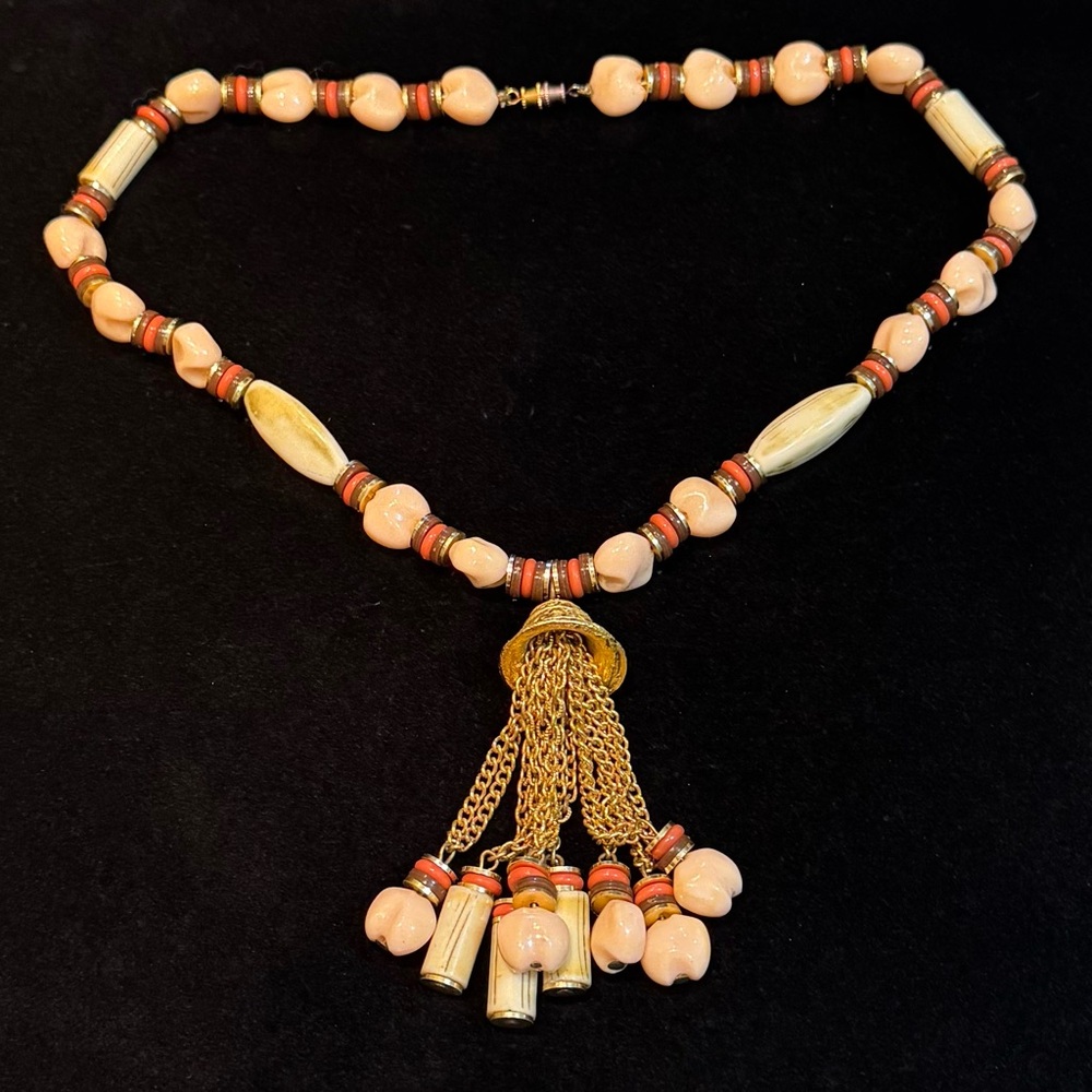 Women's Gold Tassel Beaded Necklace in Peach and Coral